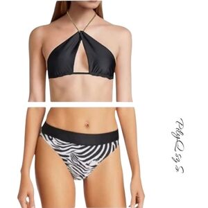 NWT  PilyQ PQ Swim Black Gwen Chain Top Zebra High Waist Bikini Set Small